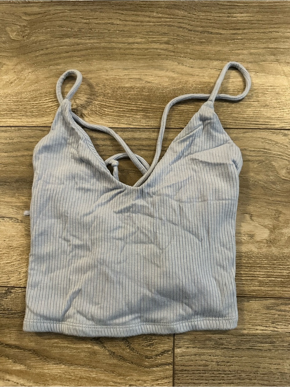 Garage Light Blue Ribbed V-Neck Crop Cami With Tie Back